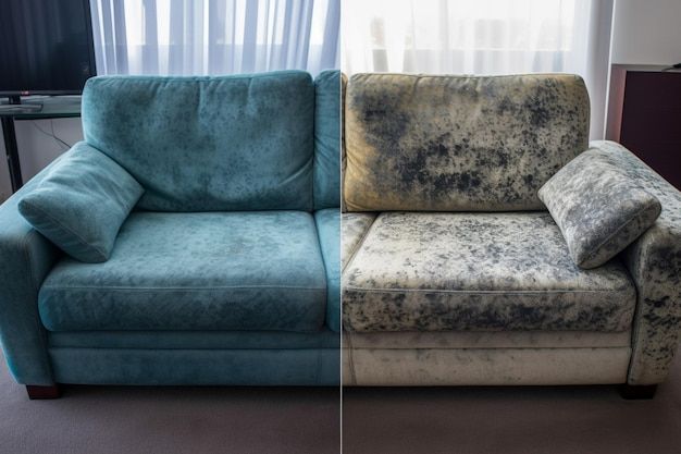 Canapé avant et après nettoyage à sec dans la chambre Photo de haute qualité _ Image Premium générée à base d’IA